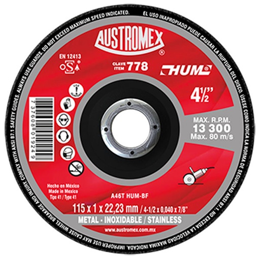 DISCO DE 4-1/2" x0.04 x 7/8" CLAVE 778